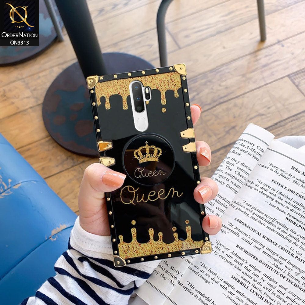 Oppo A5 2020 Cover - Black - Golden Electroplated Luxury Square Soft TPU Protective Case with Holder