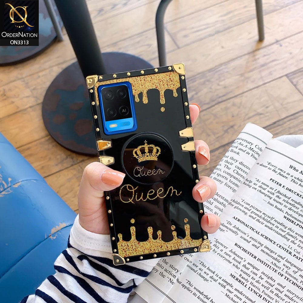 Oppo A54 4G Cover - Black - Golden Electroplated Luxury Square Soft TPU Protective Case with Holder