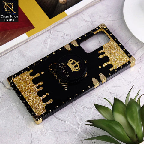 Oppo A96 4G Cover - Black - Golden Electroplated Luxury Square Soft TPU Protective Case with Popsocket Holder