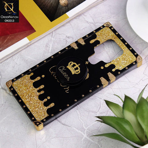Tecno Camon 16 Cover - Black - Golden Electroplated Luxury Square Soft TPU Protective Case with Popsocket Holder
