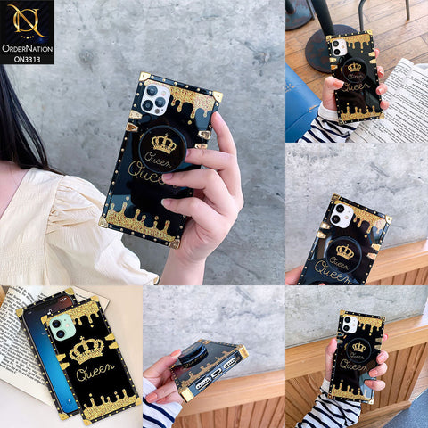 Xiaomi Redmi 9A Cover - Black - Golden Electroplated Luxury Square Soft TPU Protective Case with Popsocket Holder