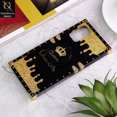 Oppo F21 Pro 5G Cover - Black - Golden Electroplated Luxury Square Soft TPU Protective Case with Popsocket Holder