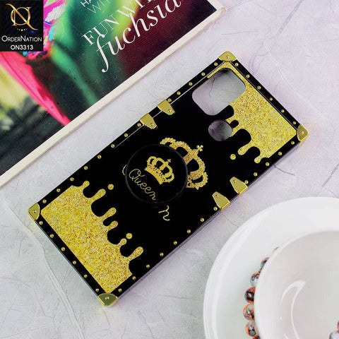 Infinix Hot 10 Cover - Black - Golden Electroplated Luxury Square Soft TPU Protective Case with Holder