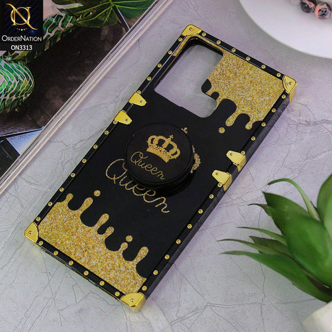 Infinix Hot 12i Cover - Black - Golden Electroplated Luxury Square Soft TPU Protective Case with Popsocket Holder