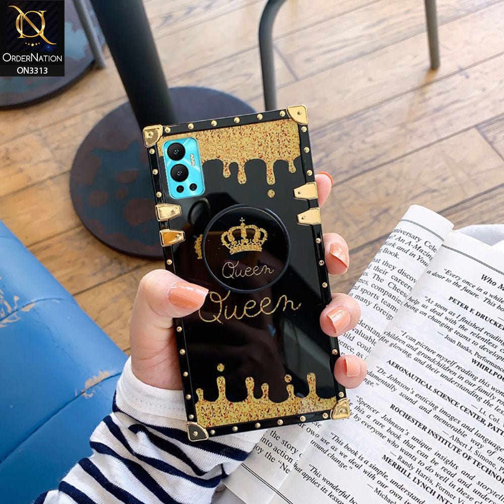 Infinix Hot 12 Cover - Black - Golden Electroplated Luxury Square Soft TPU Protective Case with Popsocket Holder