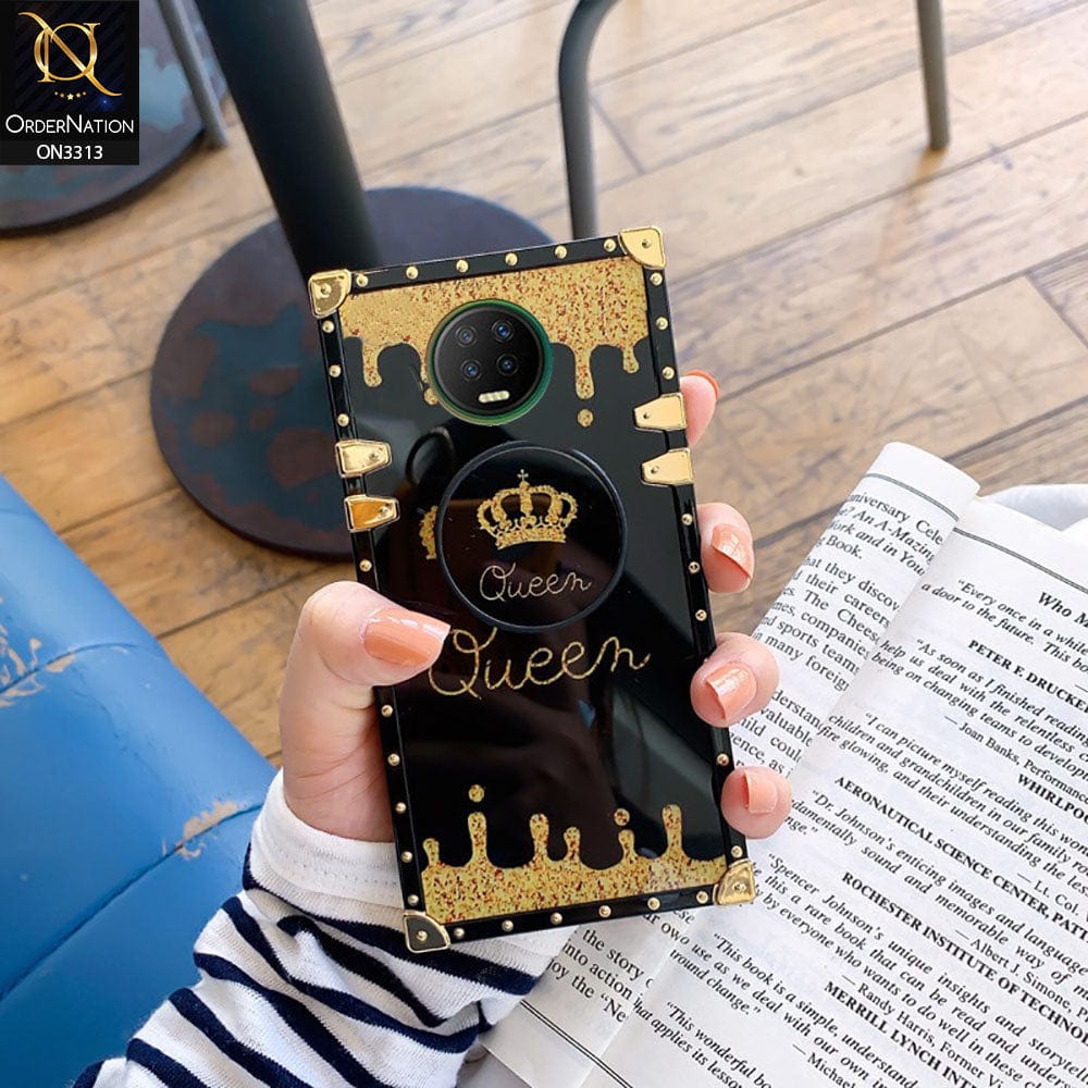 Infinix Note 7 Cover - Black - Golden Electroplated Luxury Square Soft TPU Protective Case with Popsocket Holder