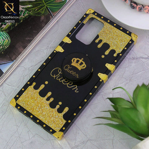 Infinix Note 8i Cover - Black - Golden Electroplated Luxury Square Soft TPU Protective Case with Popsocket Holder