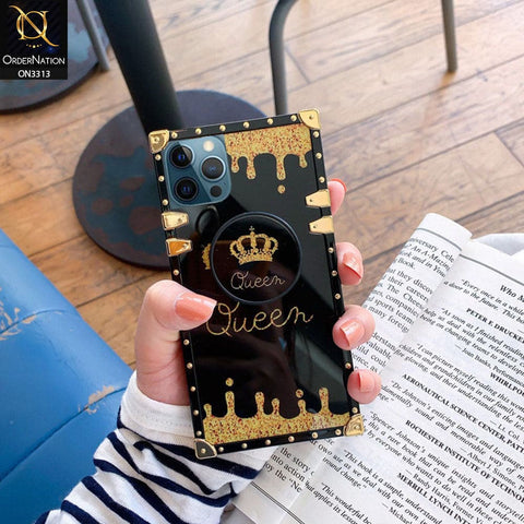 iPhone 14 Pro Max Cover - Black - Golden Electroplated Luxury Square Soft TPU Protective Case with Popsocket Holder