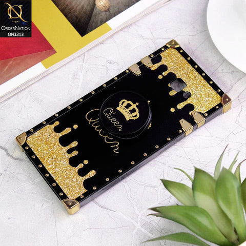 Samsung Galaxy J4 Plus Cover - Black - Golden Electroplated Luxury Square Soft TPU Protective Case with Popsocket Holder