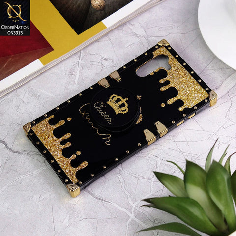 Samsung Galaxy Note 10 Cover - Black - Golden Electroplated Luxury Square Soft TPU Protective Case with Popsocket Holder
