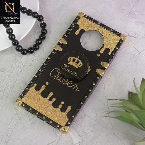 OnePlus 7T Cover - Black - Golden Electroplated Luxury Square Soft TPU Protective Case with Popsocket Holder