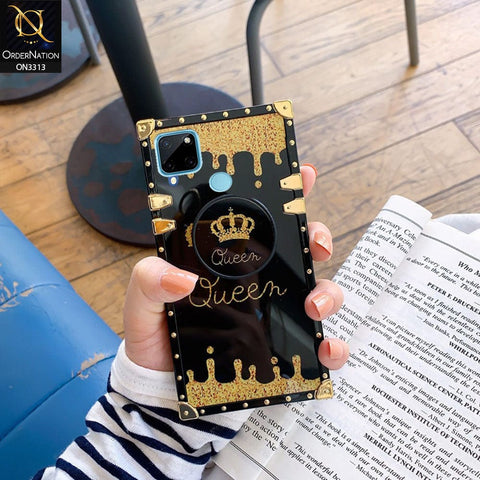 Realme C25Y Cover - Black - Golden Electroplated Luxury Square Soft TPU Protective Case with Popsocket Holder