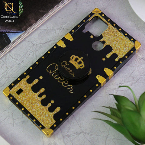 Realme C25Y Cover - Black - Golden Electroplated Luxury Square Soft TPU Protective Case with Popsocket Holder