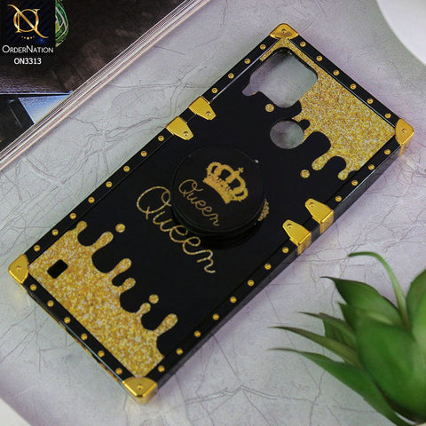 Realme C21Y Cover - Black - Golden Electroplated Luxury Square Soft TPU Protective Case with Popsocket Holder