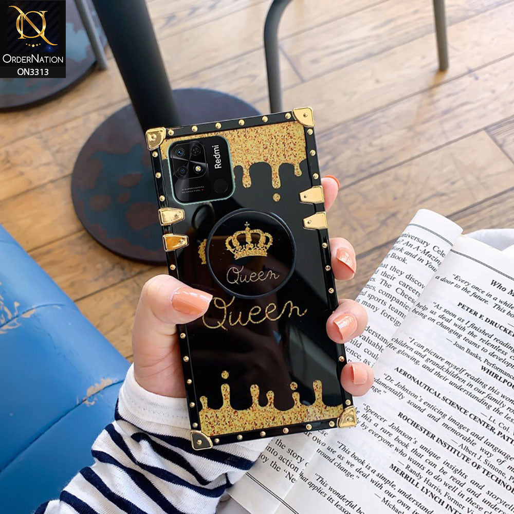 Xiaomi Redmi 10C Cover - Black - Golden Electroplated Luxury Square Soft TPU Protective Case with Popsocket Holder