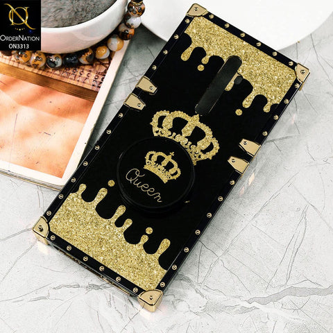 Oppo Reno 2F Cover - Black - Golden Electroplated Luxury Square Soft TPU Protective Case with Holder