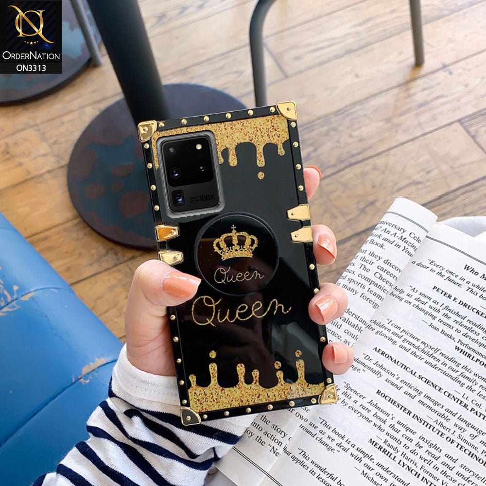 Samsung Galaxy S20 Ultra Cover - Black - Golden Electroplated Luxury Square Soft TPU Protective Case with Holder