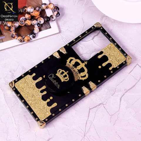 Samsung Galaxy S21 Ultra 5G Cover - Black - Golden Electroplated Luxury Square Soft TPU Protective Case with Holder