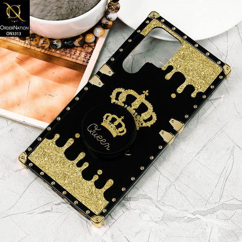 Samsung Galaxy S22 Ultra 5G Cover - Black - Golden Electroplated Luxury Square Soft TPU Protective Case with Holder