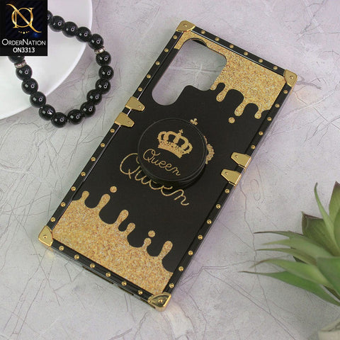 Samsung Galaxy S23 Ultra 5G Cover - Black - Golden Electroplated Luxury Square Soft TPU Protective Case with Popsocket Holder