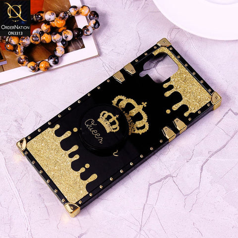 Samsung Galaxy A12 Cover - Black - Golden Electroplated Luxury Square Soft TPU Protective Case with Holder