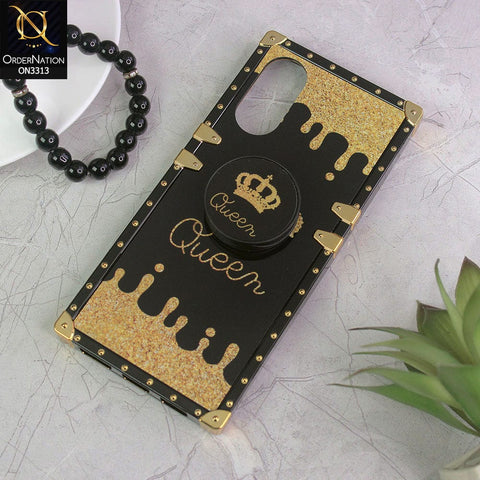 Vivo Y02s Cover - Black - Golden Electroplated Luxury Square Soft TPU Protective Case with Popsocket Holder