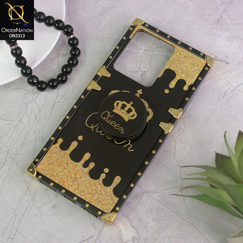Vivo Y35 Cover - Black - Golden Electroplated Luxury Square Soft TPU Protective Case with Popsocket Holder