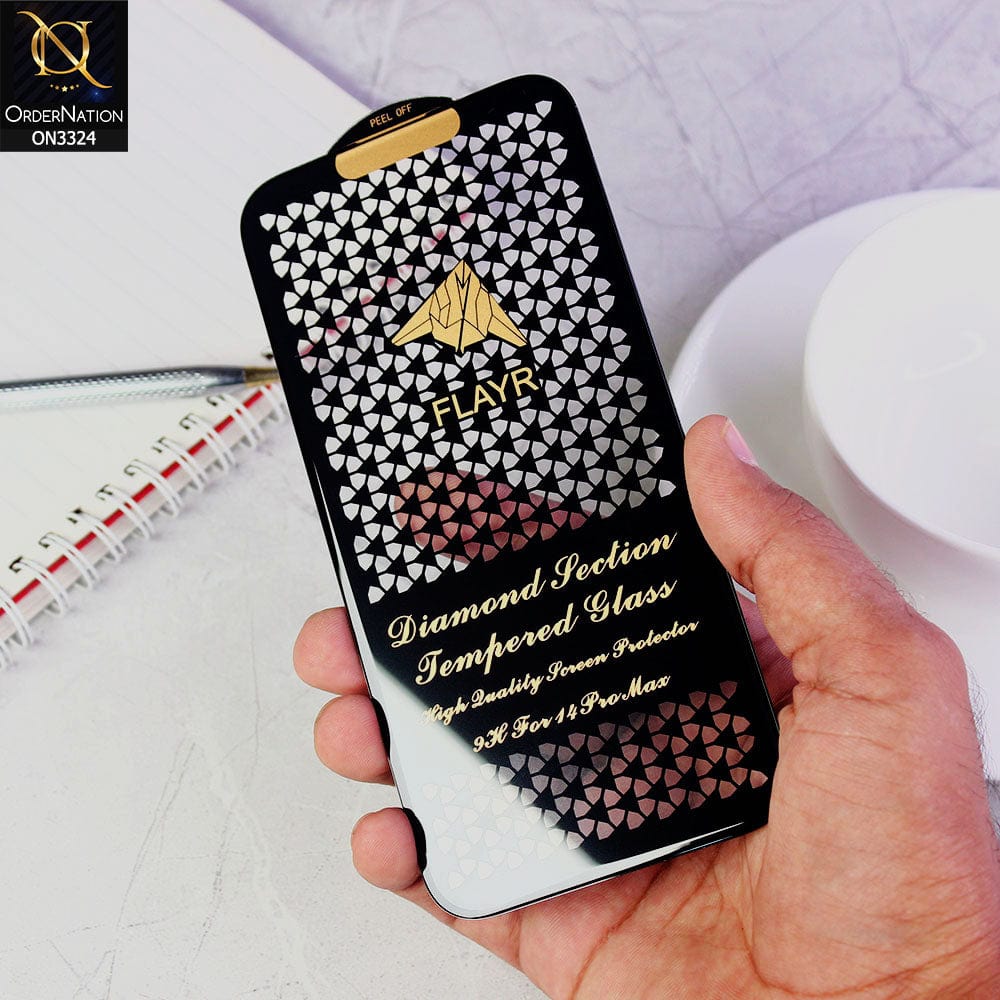iPhone 14 Pro Max Protector - Black -  9H Full Glue Flayr Diamond Section HIgh Quality Tempered Glass Screen Protector
