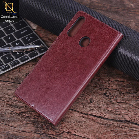 Samsung Galaxy A20s Cover - Maroon - Rich Boss Leather Texture Soft Flip Book Case