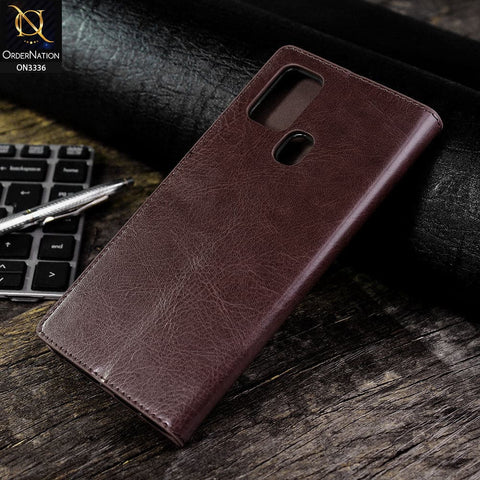Samsung Galaxy A21s Cover - Dark Brown - Rich Boss Leather Texture Soft Flip Book Case