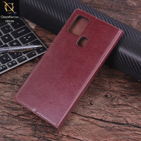 Samsung Galaxy A21s Cover - Maroon - Rich Boss Leather Texture Soft Flip Book Case