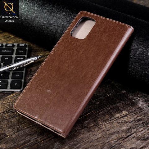 Samsung Galaxy A51 Cover - Light Brown - Rich Boss Leather Texture Soft Flip Book Case
