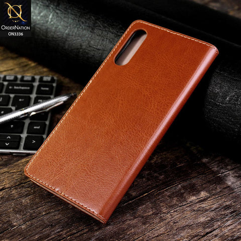 Samsung Galaxy A70 Cover - Mustard - Rich Boss Leather Texture Soft Flip Book Case