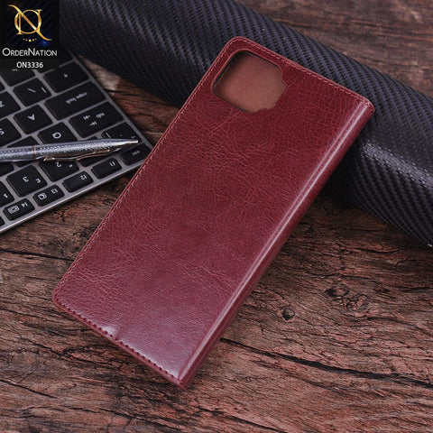 Oppo F17 Cover - Maroon - Rich Boss Leather Texture Soft Flip Book Case