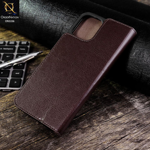 iPhone 12 Pro Max Cover - Dark Brown - Rich Boss Leather Texture Soft Flip Book Case