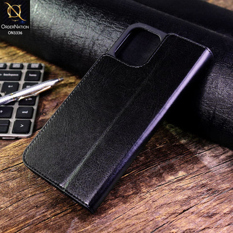 iPhone 13 Pro Cover - Black - Rich Boss Leather Texture Soft Flip Book Case