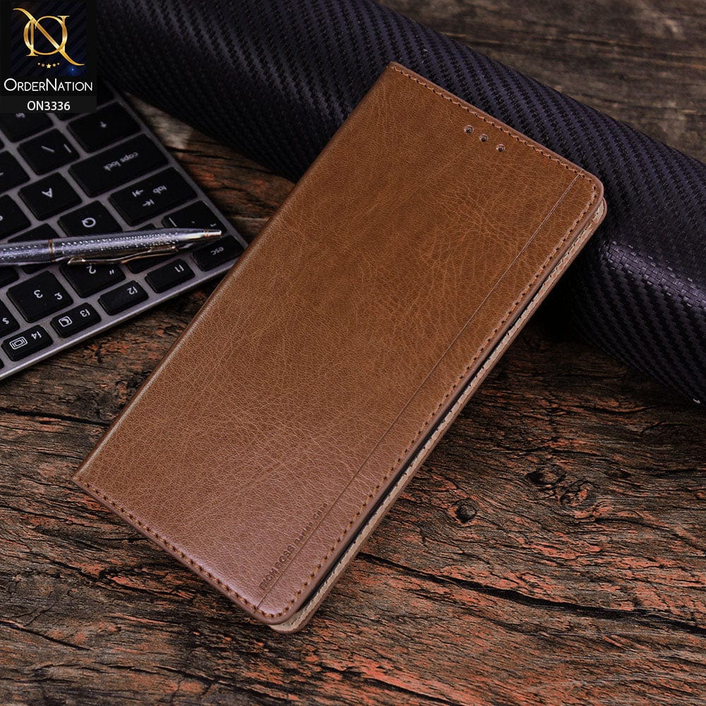 Oppo F19 Pro Cover - Light Brown - Rich Boss Leather Texture Soft Flip Book Case