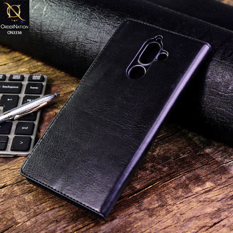 Nokia 7 Plus Cover - Black - Rich Boss Leather Texture Soft Flip Book Case