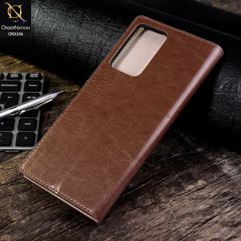 Samsung Galaxy Note 20 Ultra Cover - Light Brown - Rich Boss Leather Texture Soft Flip Book Case