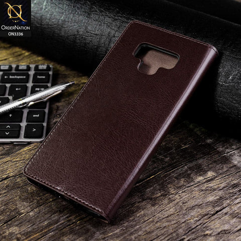 Samsung Galaxy Note 9 Cover - Dark Brown - Rich Boss Leather Texture Soft Flip Book Case
