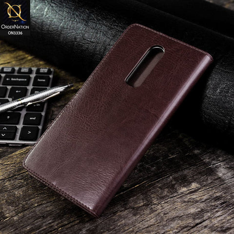 OnePlus 6 Cover - Dark Brown - Rich Boss Leather Texture Soft Flip Book Case