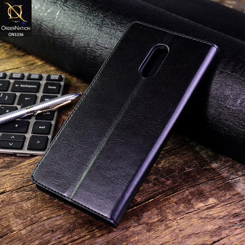 OnePlus 6t Cover - Black - Rich Boss Leather Texture Soft Flip Book Case