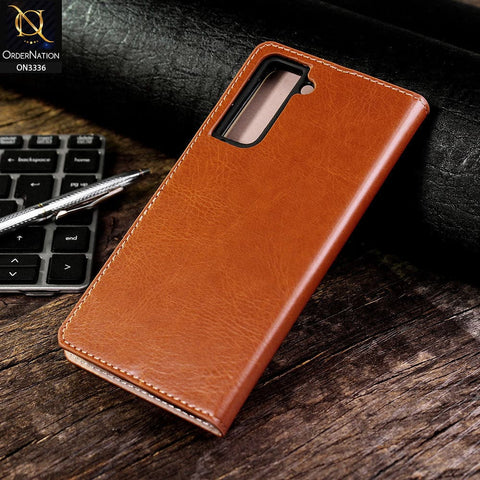 Samsung Galaxy S21 5G Cover - Mustard - Rich Boss Leather Texture Soft Flip Book Case