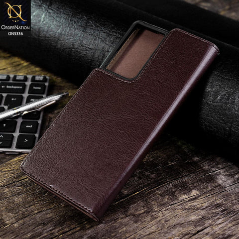 Samsung Galaxy S21 Ultra 5G Cover - Dark Brown - Rich Boss Leather Texture Soft Flip Book Case