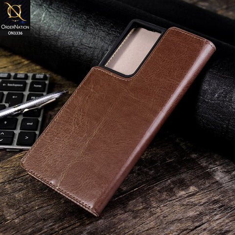 Samsung Galaxy S21 Ultra 5G Cover - Light Brown - Rich Boss Leather Texture Soft Flip Book Case