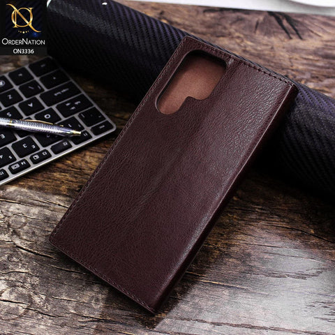 Samsung Galaxy S22 Ultra 5G Cover - Dark Brown - Rich Boss Leather Texture Soft Flip Book Case