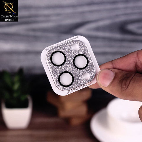 iPhone 13 Pro Max Protector - Silver - Shiny Bling Glitter Tempered Glass Camera Lens Protector