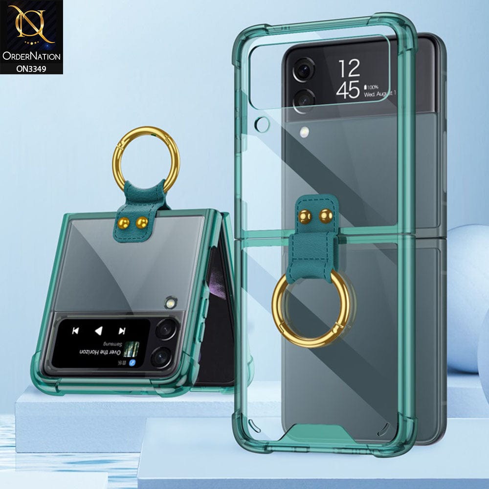 Samsung Galaxy Z Flip 4 5G Cover - Green - GKK Color Transparent Finger Key Ring Holder Shock Proff Airbag Soft Borders Case