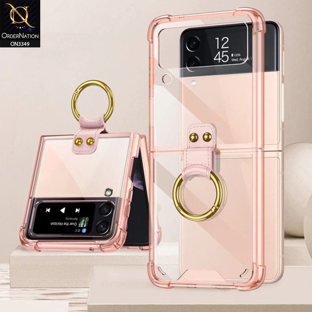 Samsung Galaxy Z Flip 3 5G Cover - Pink - GKK Color Transparent Finger Key Ring Holder Shock Proff Airbag Soft Borders Case