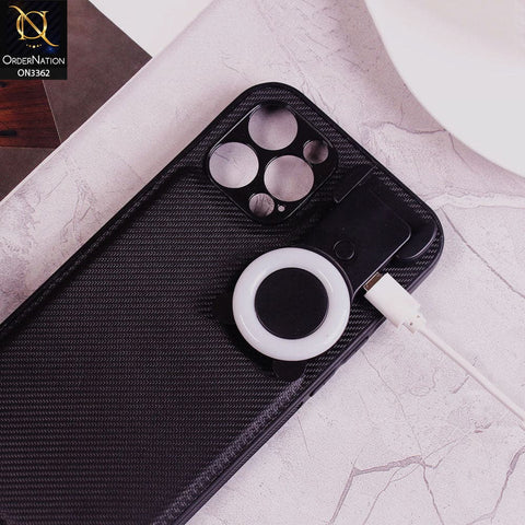 iPhone 12 Pro Max Cover - Black - New Soft Borders Carbon Fiber Texture Chargeable LED Selfie Ring Light Camera Protection Case